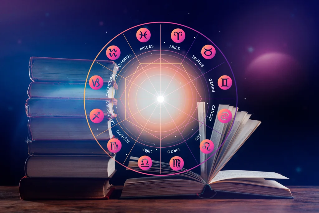 Astrology and numerology concept with zodiac wheel