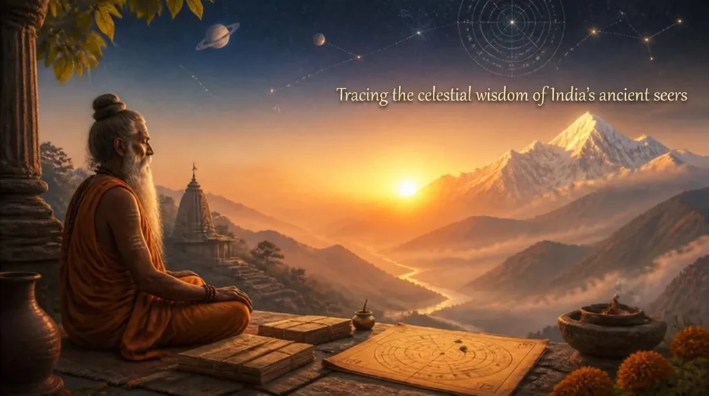 Meditating Vedic rishi beside ancient manuscripts overlooking the Himalayas at dawn beneath a star-filled sky.