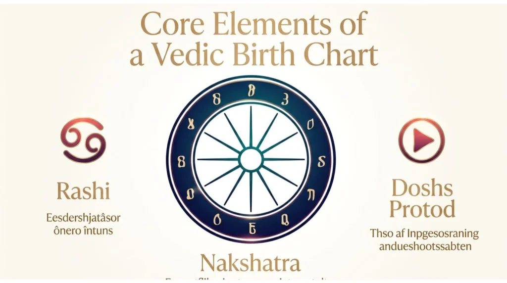 Vedic birth chart showing Rashi, Nakshatra and Dosha in astrology.