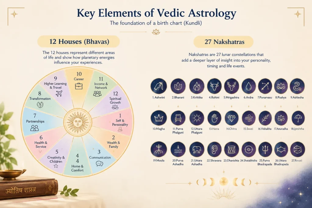 Key elements of Vedic astrology 12 houses (bhavas) and 27 nakshatras in a birth chart Kundli