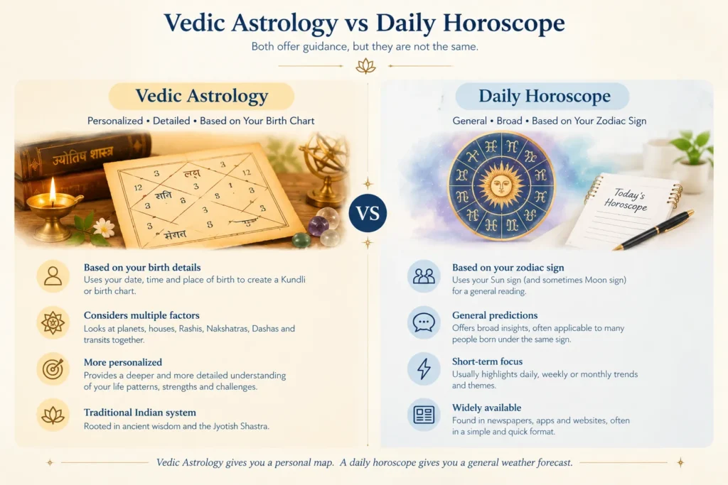 Vedic astrology vs daily horoscope comparison personalized birth chart vs general zodiac reading.