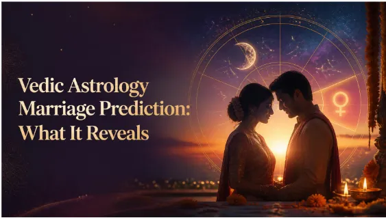 Couple beneath a Vedic astrology birth chart symbolizing marriage compatibility and planetary timing.