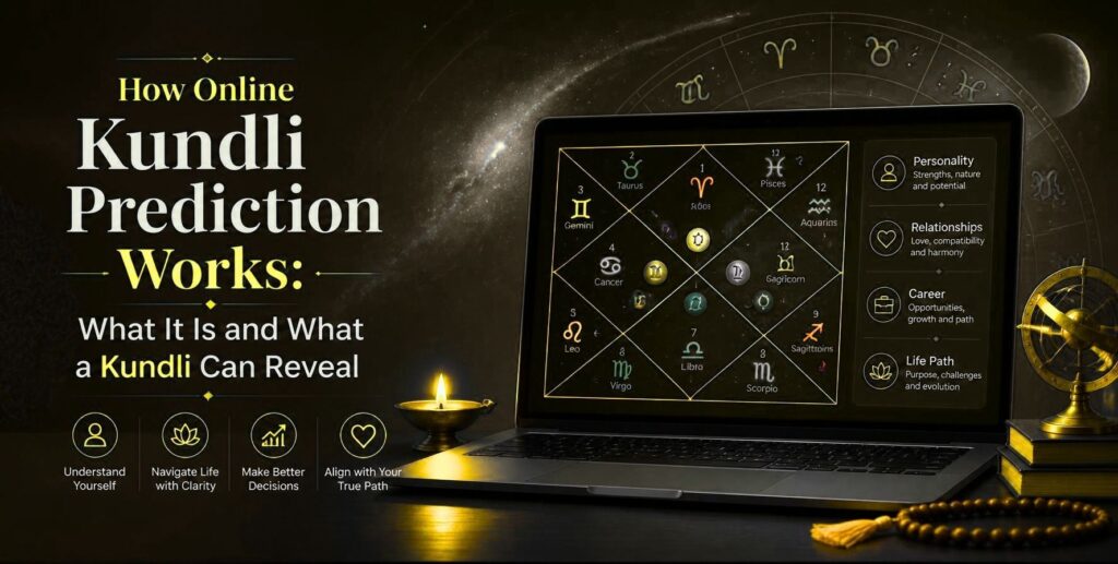 How online Kundli prediction works, with a digital birth chart showing what a Kundli can reveal.