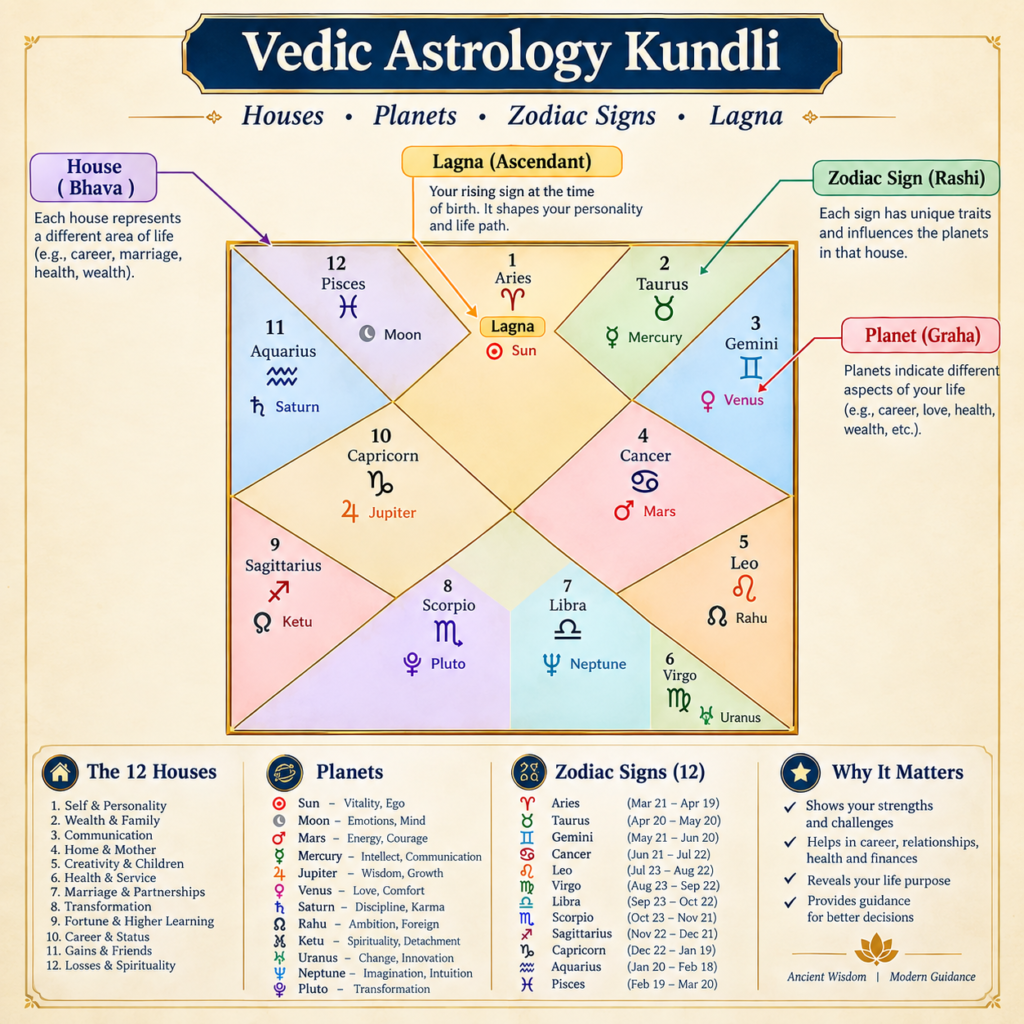Vedic Astrology Kundli showing houses planets zodiac signs and Lagna.