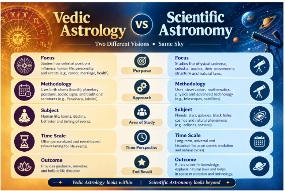 Vedic astrology vs science comparison showing differences between astrology and scientific methods.