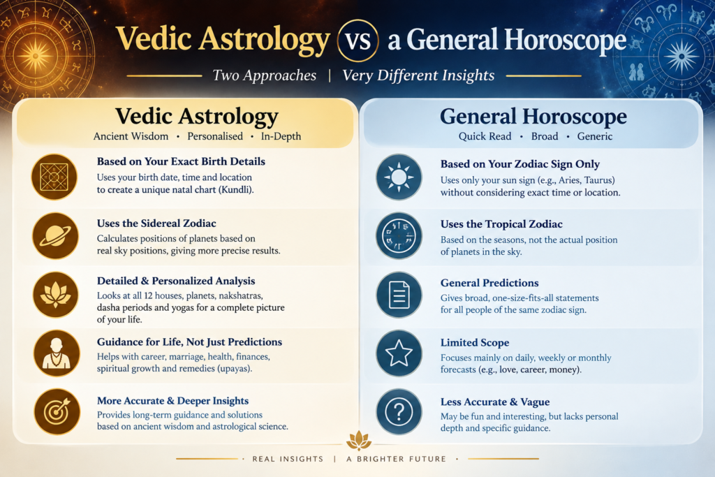 Difference between a general horoscope and a detailed Vedic Astrology Kundli.