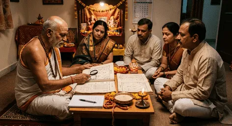 Pandit performing kundli matching for marriage consultation with family in Mumbai, guided by Astrologer Jyoti Vora.