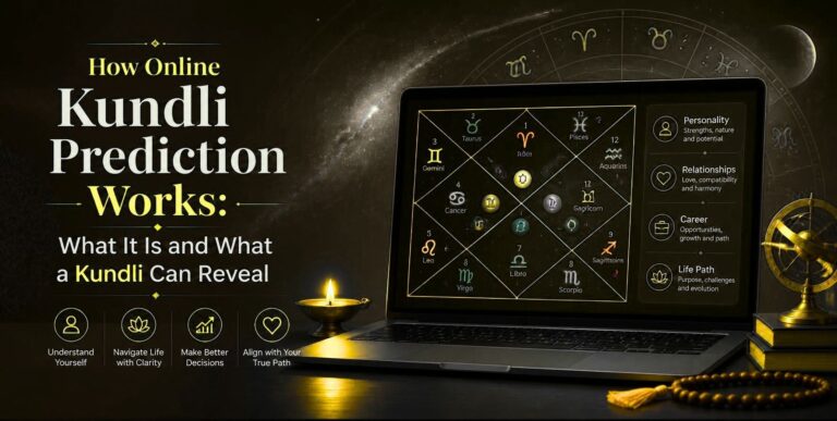 How online Kundli prediction works, with a digital birth chart showing what a Kundli can reveal.